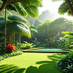 **Serene Nature Scene:** Lush green garden in Thailand, sunlight filtering through leaves, birds chirping, peaceful atmosphere.