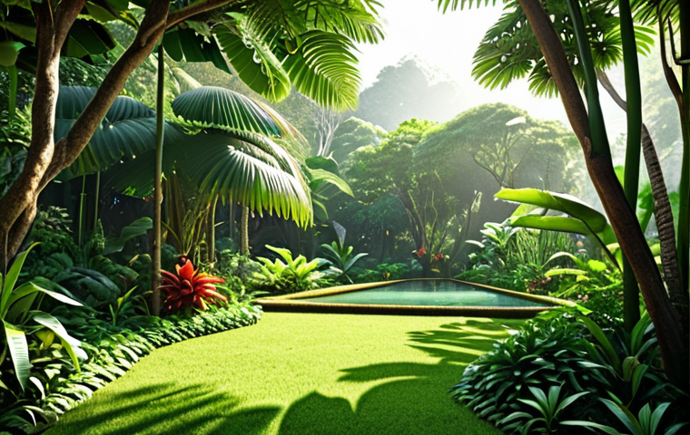**Serene Nature Scene:** Lush green garden in Thailand, sunlight filtering through leaves, birds chirping, peaceful atmosphere.