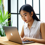 **A young, confident Thai entrepreneur working on a laptop at a trendy cafe in Bangkok. She is surrounded by plants and natural light, symbolizing growth and success. The laptop screen displays a website with a clean, modern design showcasing her personal brand.** (Visualizes success in the digital world)