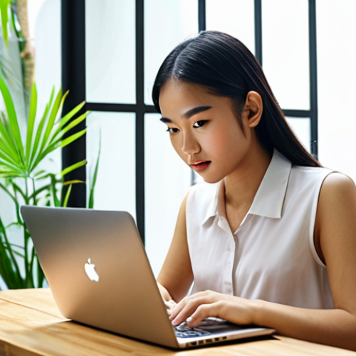**A young, confident Thai entrepreneur working on a laptop at a trendy cafe in Bangkok. She is surrounded by plants and natural light, symbolizing growth and success. The laptop screen displays a website with a clean, modern design showcasing her personal brand.** (Visualizes success in the digital world)