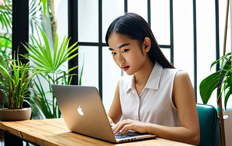 **A young, confident Thai entrepreneur working on a laptop at a trendy cafe in Bangkok. She is surrounded by plants and natural light, symbolizing growth and success. The laptop screen displays a website with a clean, modern design showcasing her personal brand.** (Visualizes success in the digital world)