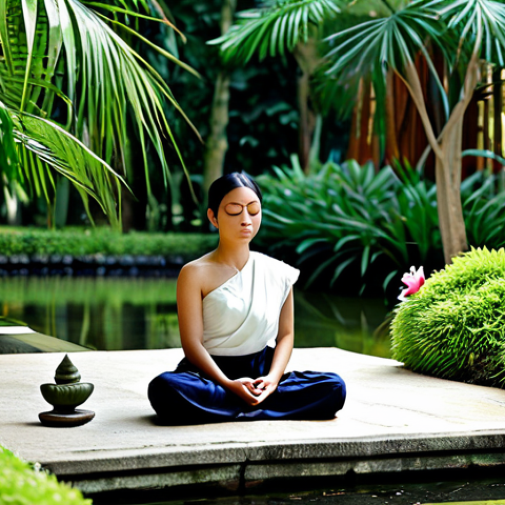 Serene Mindfulness in a Thai Garden**
A Thai woman in modest, traditional clothing, sitting peacefully in a lush Thai garden. She is meditating, with eyes gently closed and a serene expression. Around her are tropical flowers, a small Buddha statue, and the gentle sounds of a nearby water feature. The scene evokes a sense of calm and mindfulness, showcasing the beauty of nature and inner peace. Perfect anatomy, correct proportions, natural pose, well-formed hands, proper finger count, professional photography, high quality, safe for work, appropriate content, fully clothed, professional, modest, family-friendly.
**