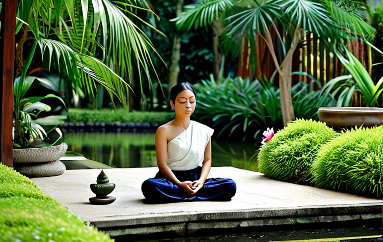 Serene Mindfulness in a Thai Garden**
A Thai woman in modest, traditional clothing, sitting peacefully in a lush Thai garden. She is meditating, with eyes gently closed and a serene expression. Around her are tropical flowers, a small Buddha statue, and the gentle sounds of a nearby water feature. The scene evokes a sense of calm and mindfulness, showcasing the beauty of nature and inner peace. Perfect anatomy, correct proportions, natural pose, well-formed hands, proper finger count, professional photography, high quality, safe for work, appropriate content, fully clothed, professional, modest, family-friendly.
**