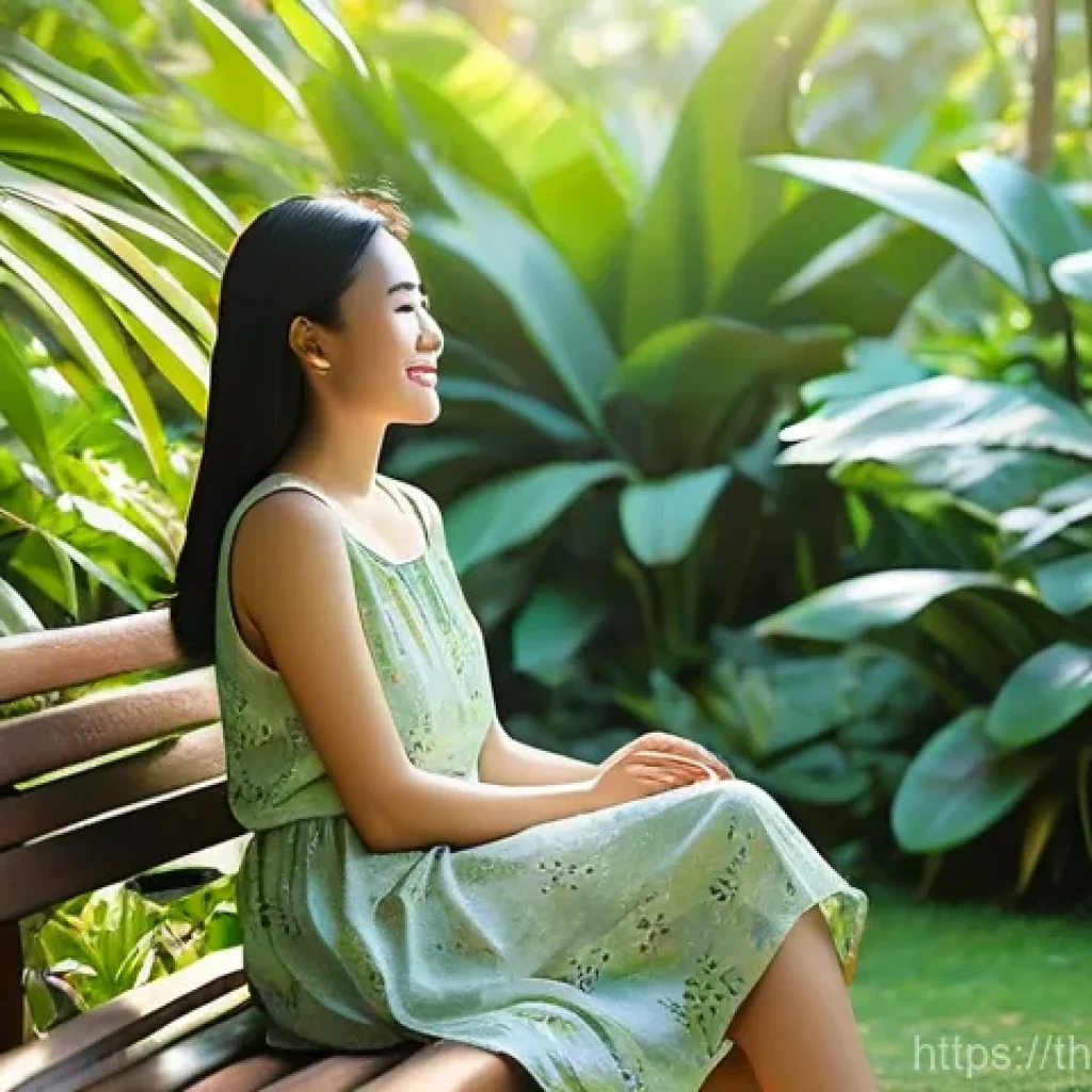정보 다이어트법과 자기 개발 - **Prompt: Serene Digital Detox in a Lush Garden**
A young Thai woman (20s) is sitting peacefully...