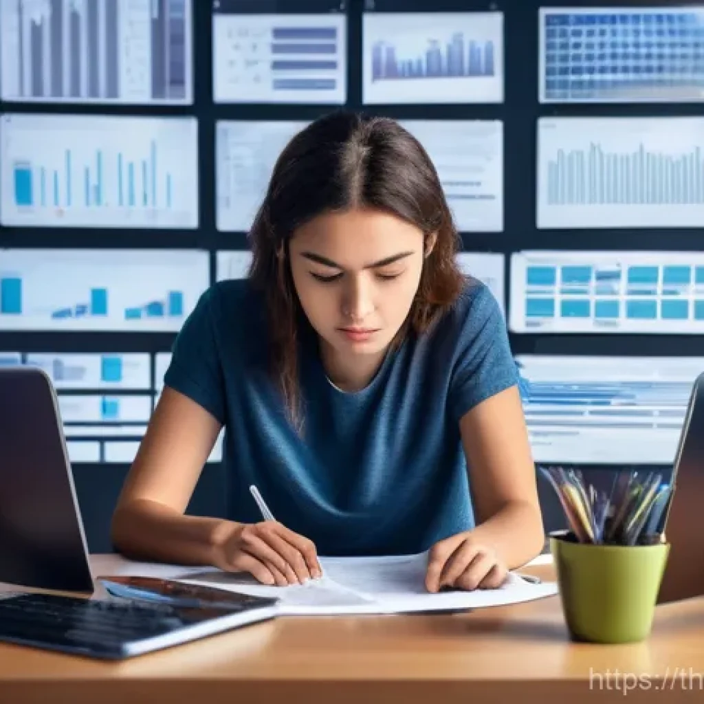정보 다이어트법과 생산성 향상 - **Prompt: Digital Information Overload**
"A young adult, male or female, seated at a modern desk...