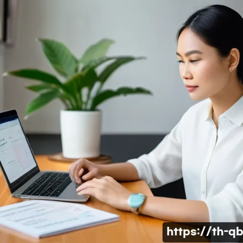 정보 다이어트법과 커뮤니케이션 개선 - A modern Thai office setting showing a young professional woman thoughtfully managing digital inform...