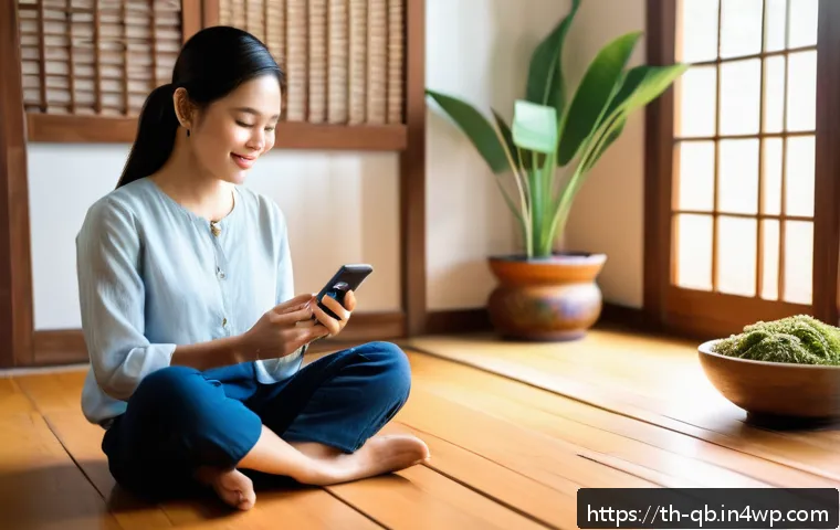 정보 다이어트법과 정신 건강 - A serene Thai woman in her 30s sitting comfortably on a wooden floor in a traditional Thai-style liv...