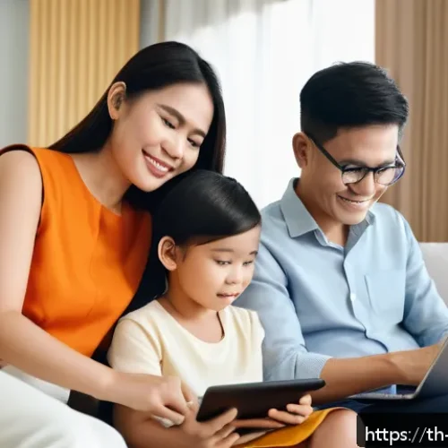Home 30 정보 다이어트법과 가족과의 관계 - A modern Thai family sitting together in a cozy living room, happily organizing digital files on a s...
