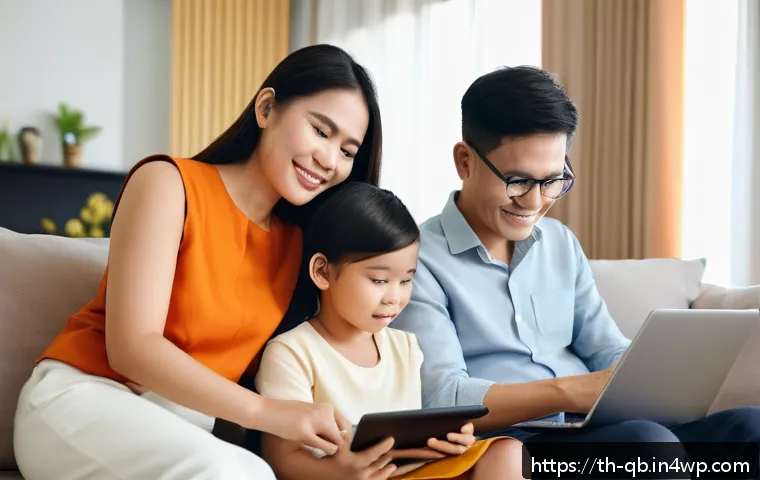 정보 다이어트법과 가족과의 관계 - A modern Thai family sitting together in a cozy living room, happily organizing digital files on a s...