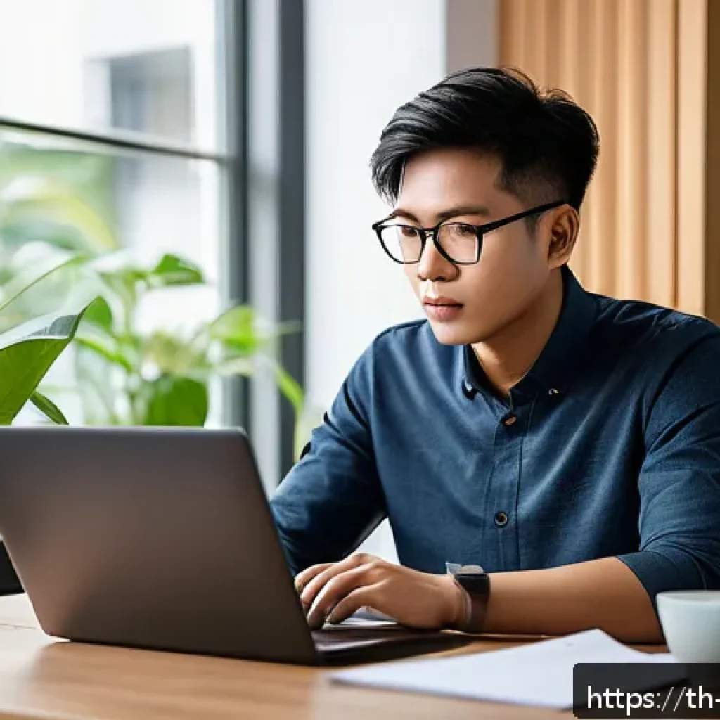 정보 다이어트법으로 인생 경로 수정하기 - A focused young Thai professional sitting at a modern desk in a cozy home office, using the Pomodoro...