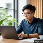 Home 23 정보 다이어트법으로 인생 경로 수정하기 - A focused young Thai professional sitting at a modern desk in a cozy home office, using the Pomodoro...