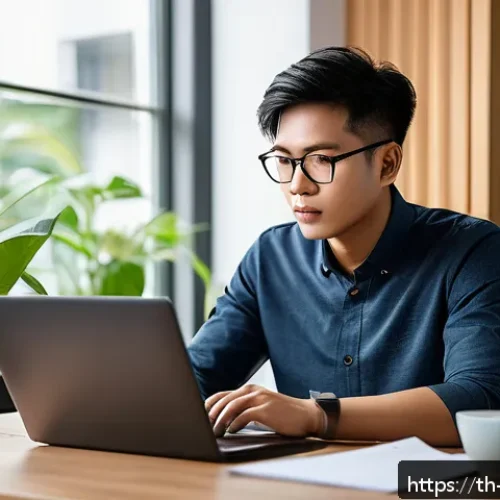 Home 29 정보 다이어트법으로 인생 경로 수정하기 - A focused young Thai professional sitting at a modern desk in a cozy home office, using the Pomodoro...
